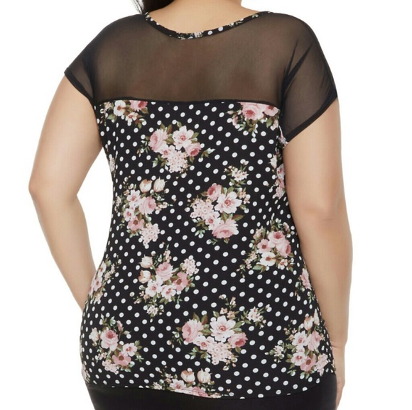 Black With Pink Floral Mesh Yoke Short Sleeve top - Picture 2 of 2
